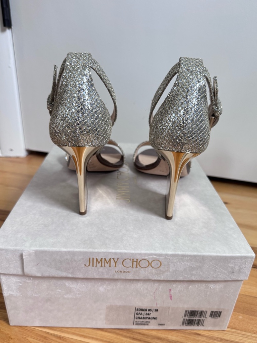 Jimmy Choo Edina 85 mm champagne Metallic Gold Glitter Ankle-Strap Block Heels - Picture 8 of 12